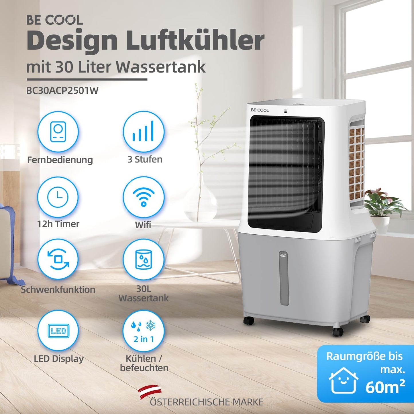 BE COOL BC30ACP2501W refroidisseur d'air 30L, WiFi, 1800m³/h, LED, télécommande