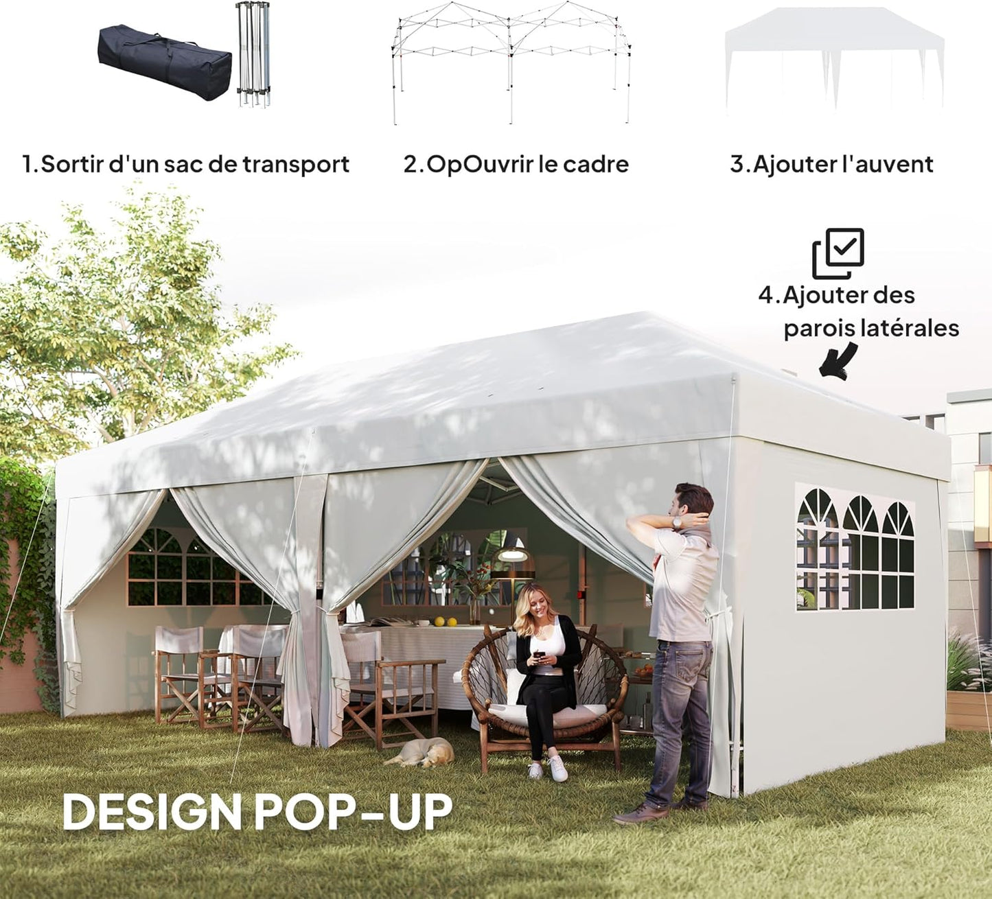 Outsunny tonnelle pliante 3x6m blanche, 6 parois, camping/festival