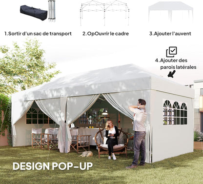 Outsunny tonnelle pliante 3x6m blanche, 6 parois, camping/festival
