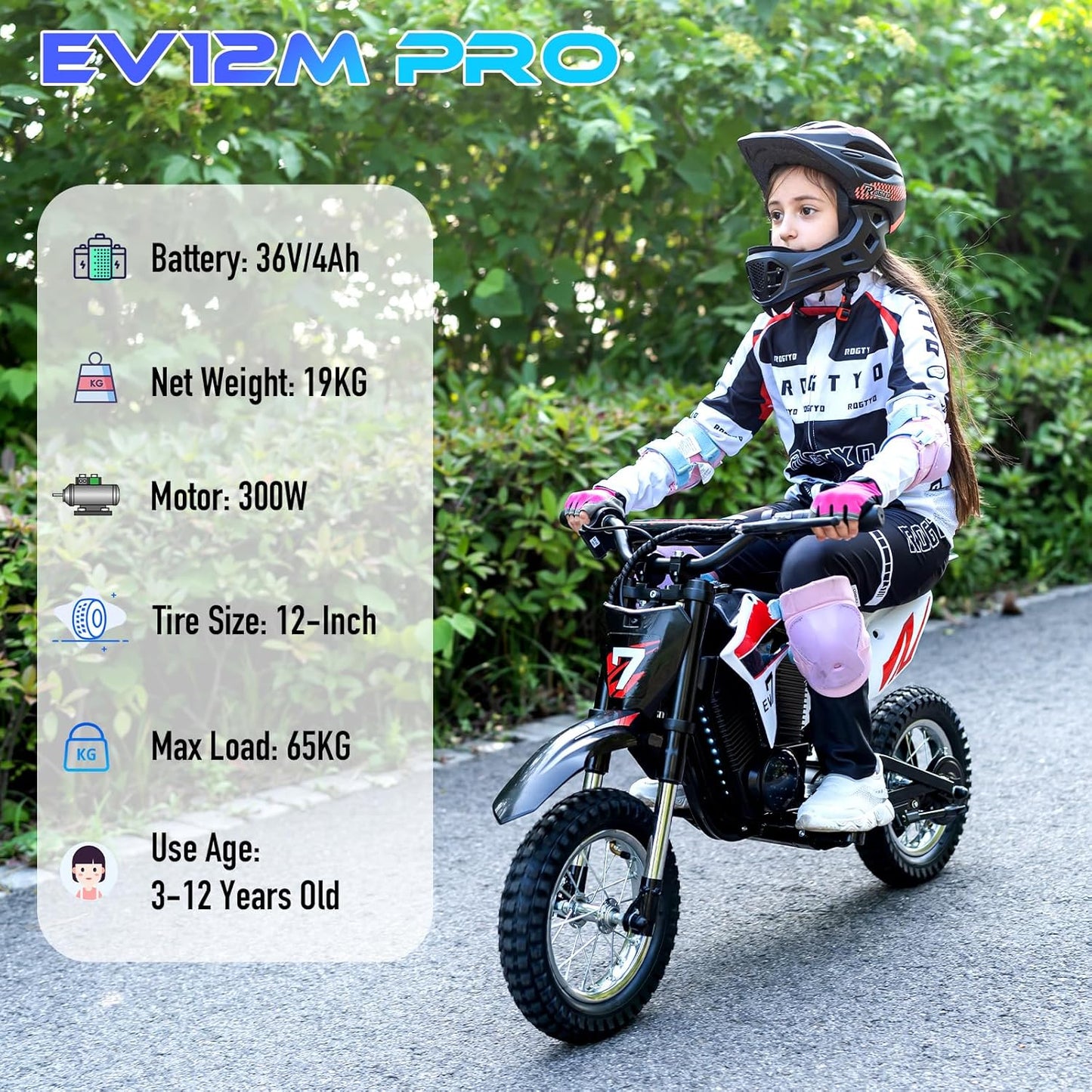 EVERCROSS EV12M Pro moto enfant 300W, LED, Bluetooth, autonomie 15km