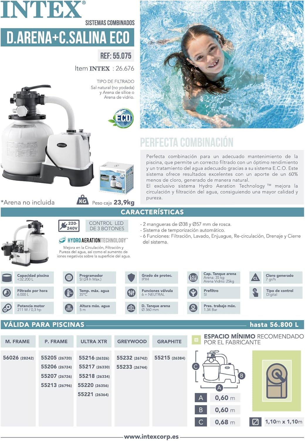 Intex combo filtre sable 6m³/h + stérilisateur sel QX2100