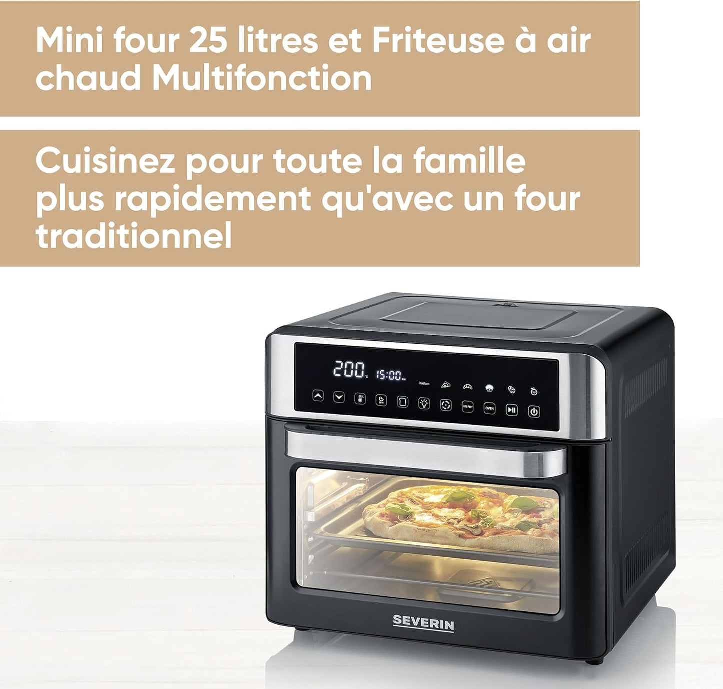 SEVERIN Mini-Four Air Chaud 12-en-1 25L Noir/Inox 2200W Écran Tactile TO9579