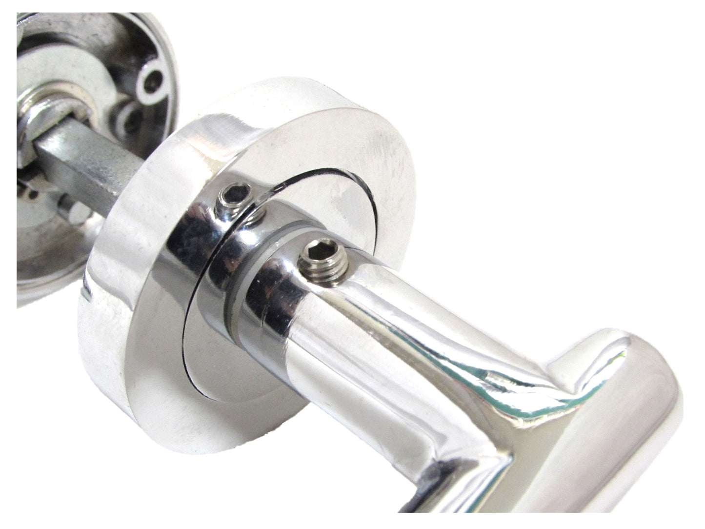 Poignées de porte Cossima en T, levier droit, bouton et serrure pour salle de bain – Chrome 125 mm