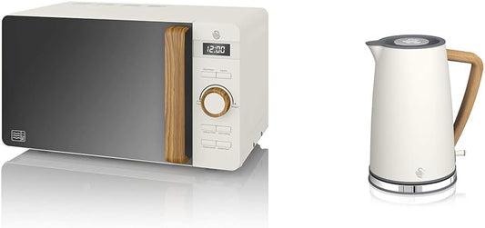 Swan Nordic micro-ondes 20L + bouilloire 1.7L blanche, design bois