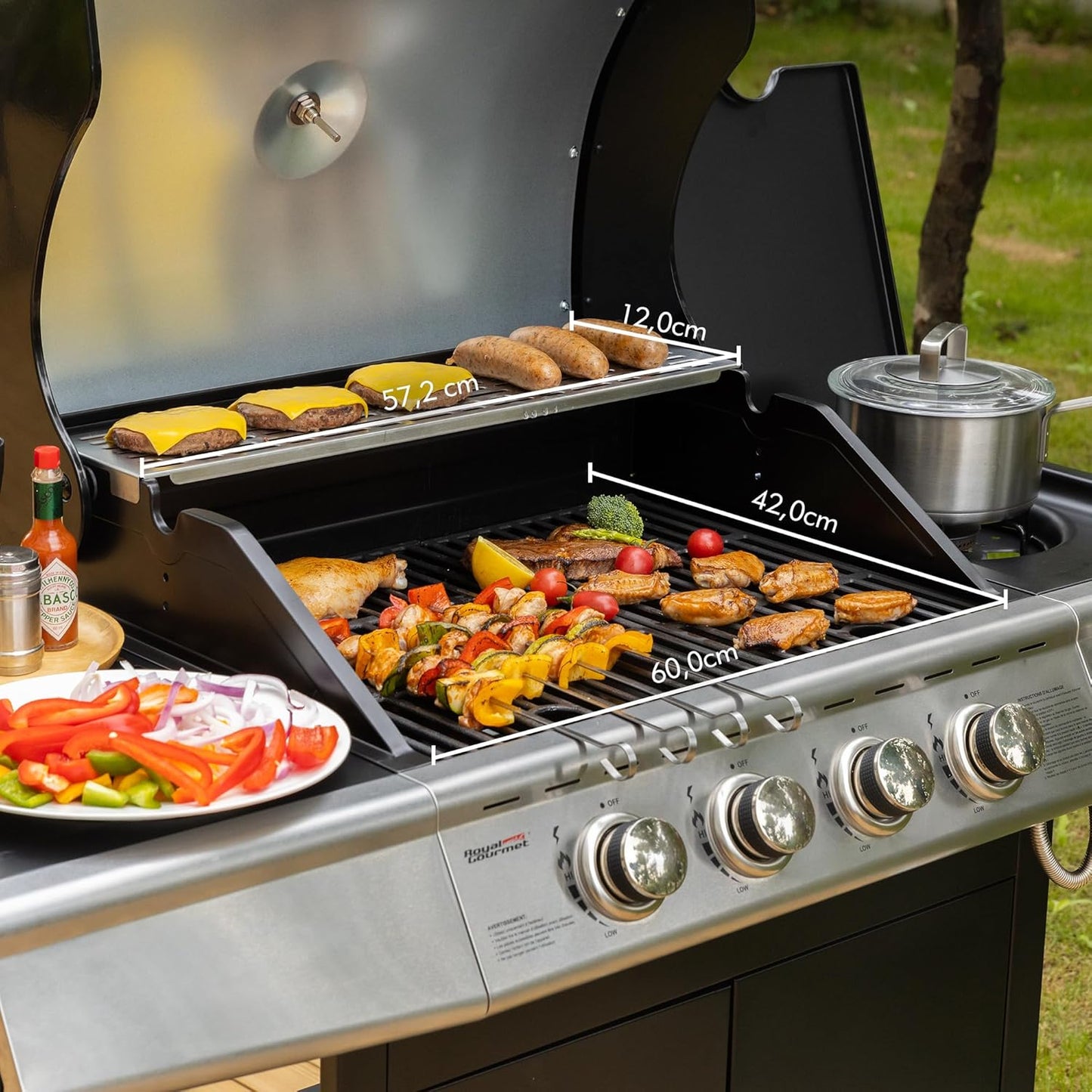 Royal Gourmet barbecue gaz 4+1 brûleurs inox, 14.5kW, jardin, roues et portes