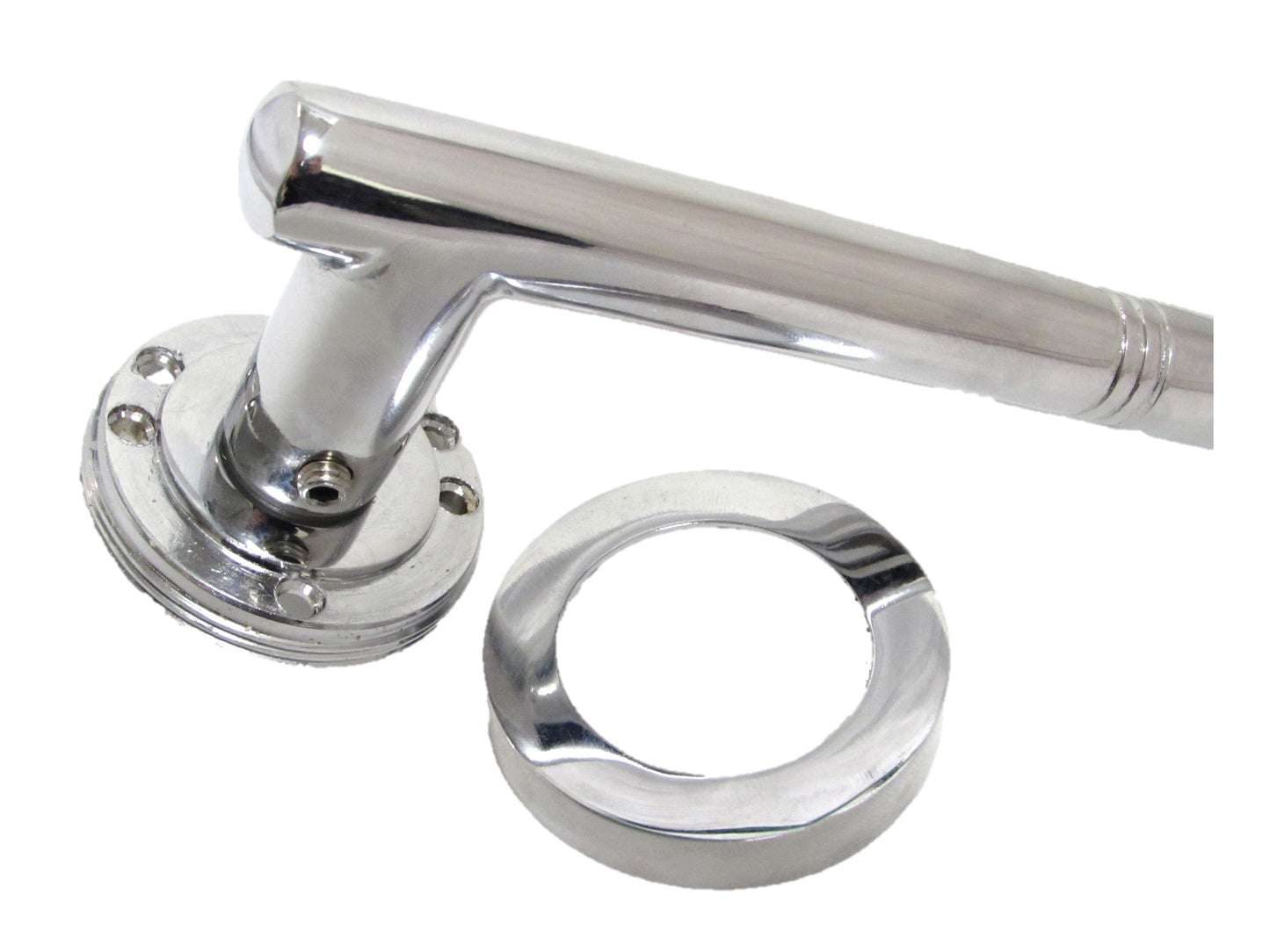 Poignées de porte Cossima en T, levier droit, écusson et serrure à clé - Chrome 125 mm