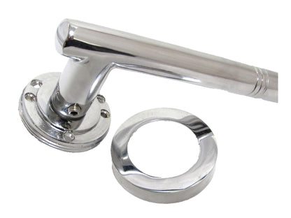 Poignées de porte Cossima en T, levier droit, écusson et serrure à clé - Chrome 125 mm