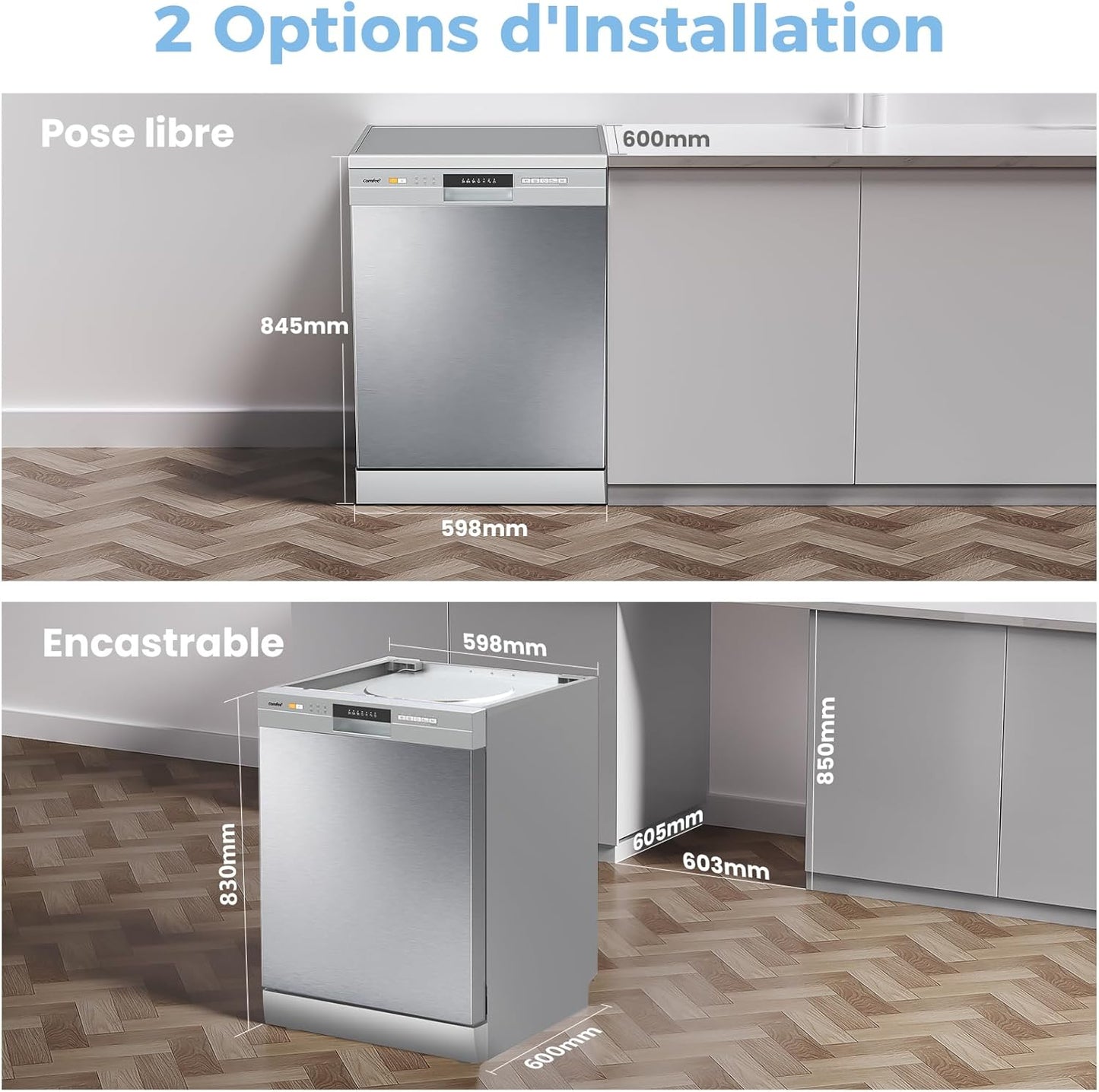 COMFEE' Lave-vaisselle 60cm 12 couverts, demi-charge, départ différé, inox