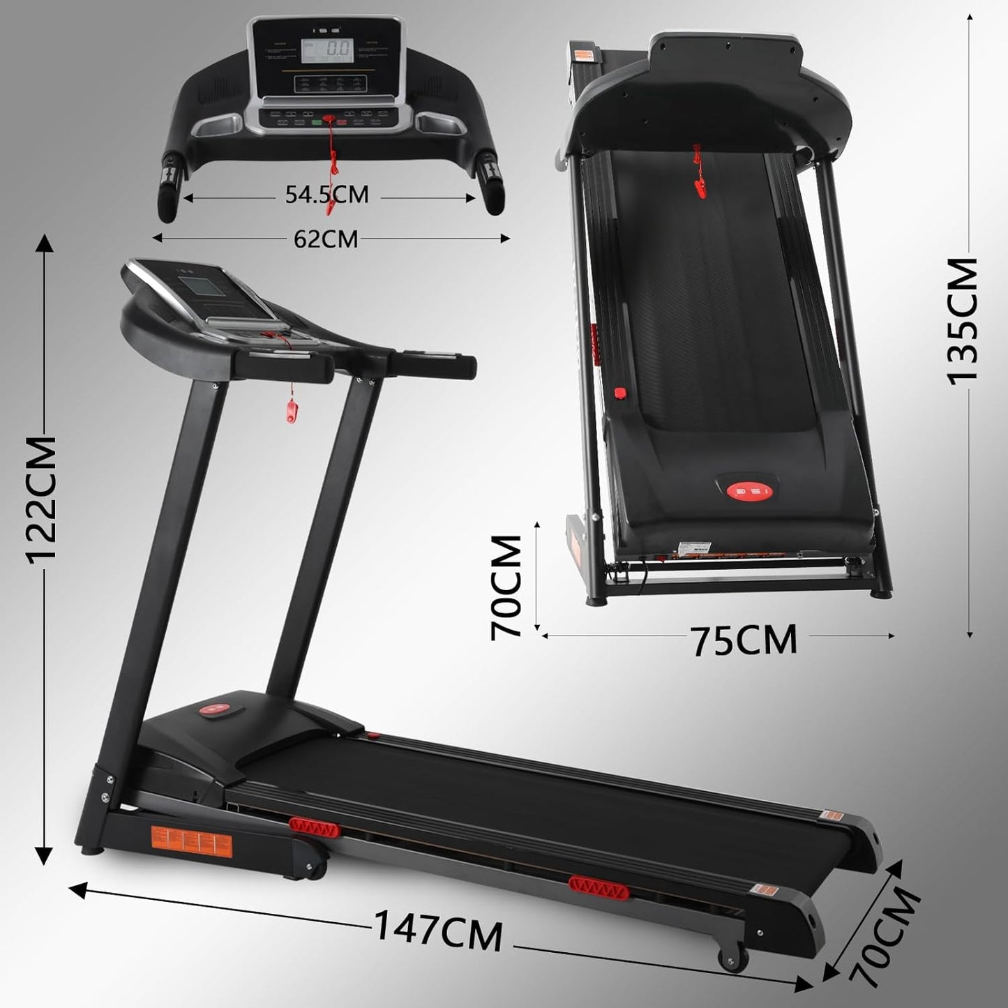 ISE tapis de course pliable 735W, LCD, 16km/h, Bluetooth, marche/course