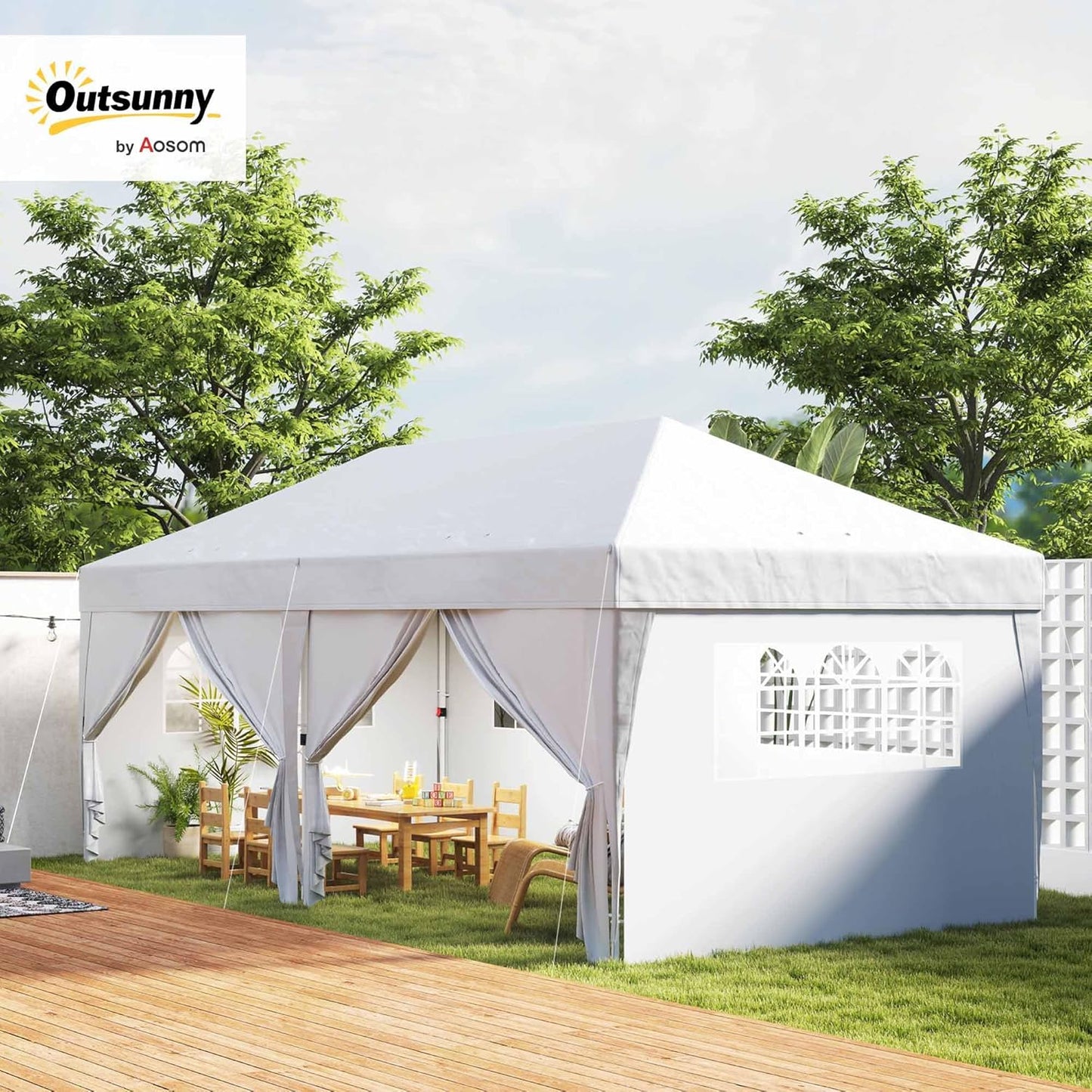 Outsunny tonnelle pliante 3x6m blanche, 6 parois, camping/festival
