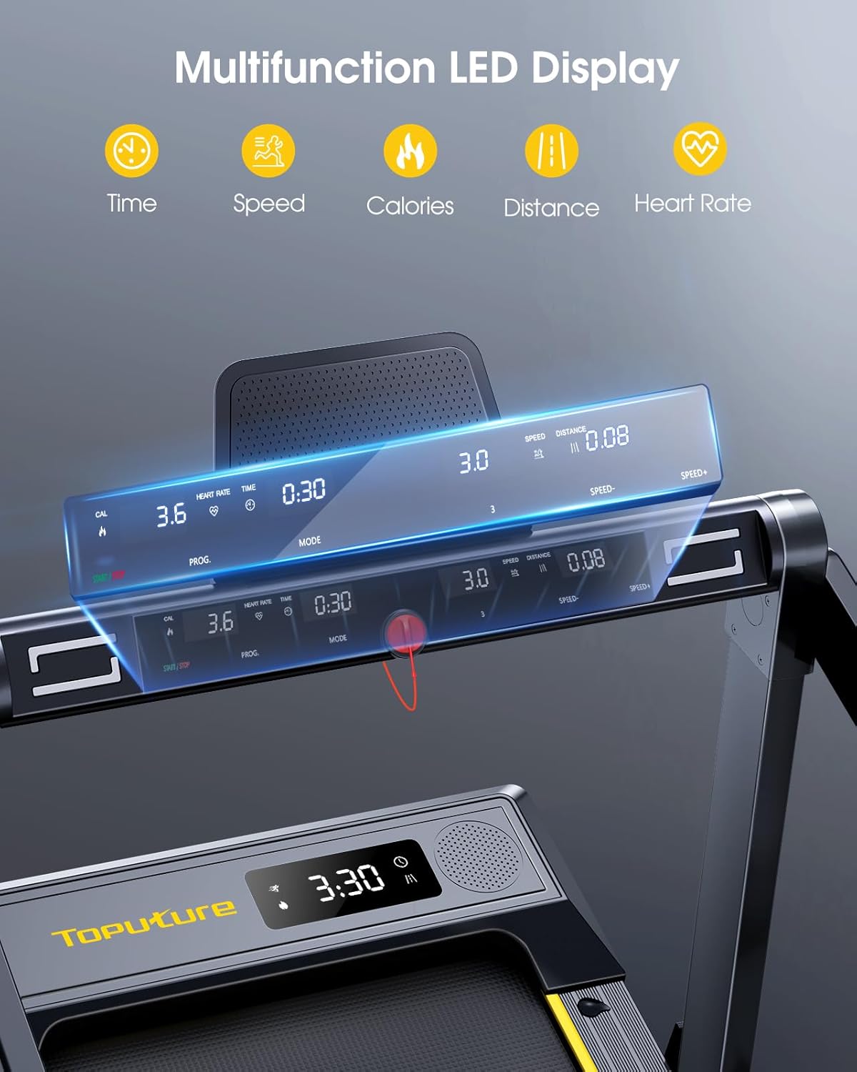 Tapis de course 2.5HP, 16km/h, pente 3 niveaux, LED, bande 42cm