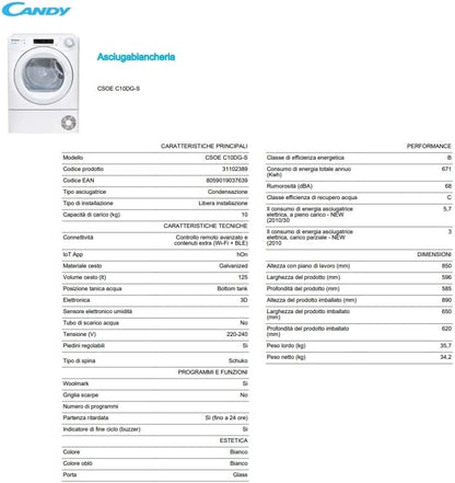 CANDY sèche-linge condensation CSOEC10DG-S, capacité 10kg