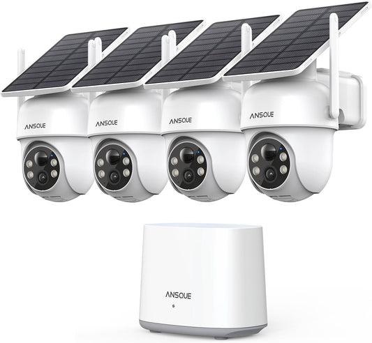 ANSQUE caméra surveillance WiFi 2K solaire, kit 4 caméras PTZ 360°, alarme couleur