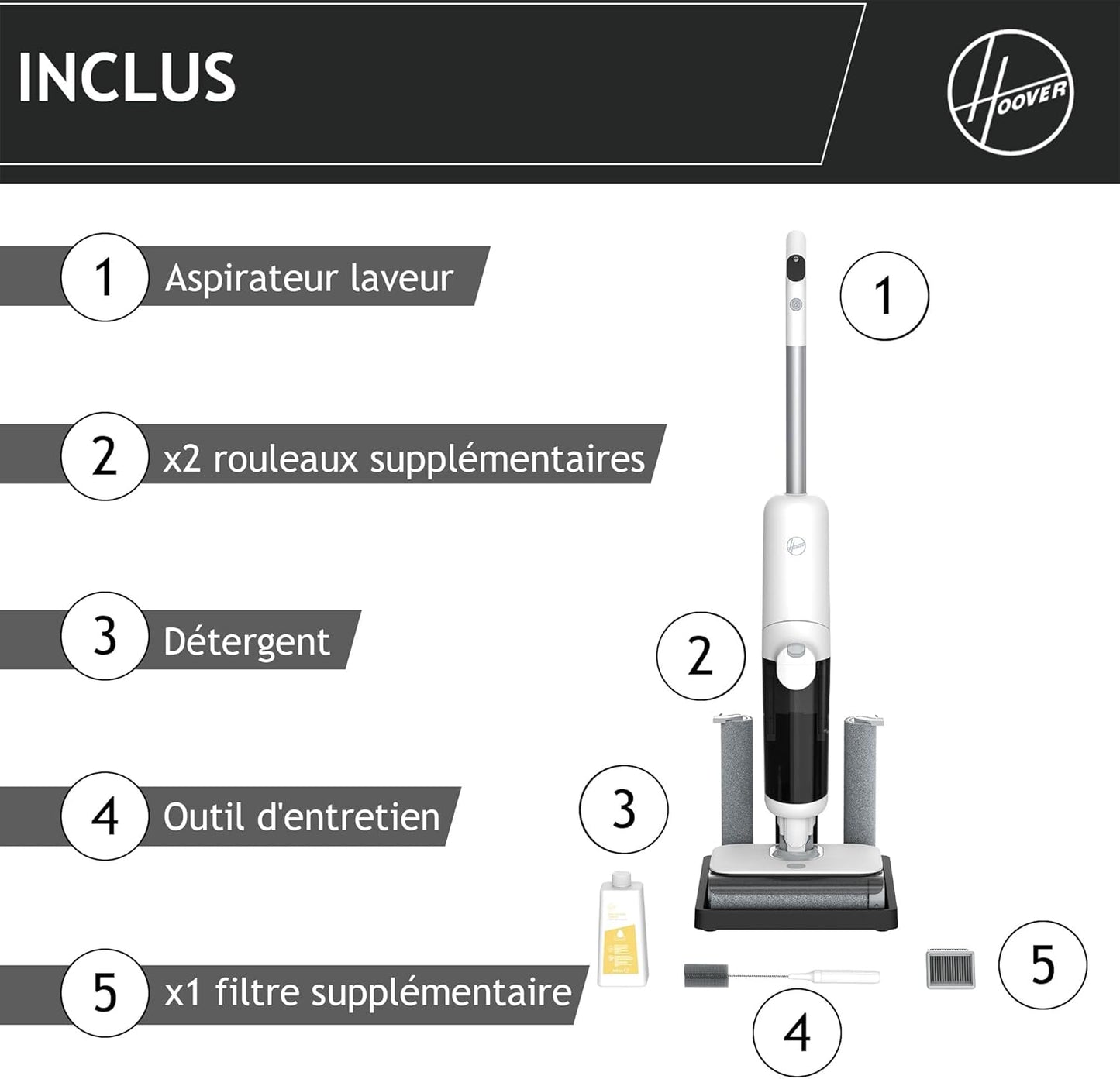 Hoover HW500 aspirateur sans fil laveur 230W, rouleaux, détection, auto-nettoyage
