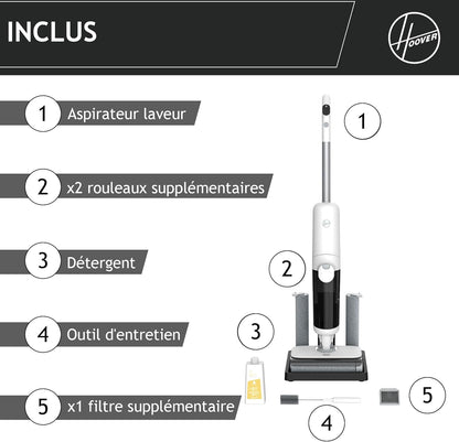 Hoover HW500 aspirateur sans fil laveur 230W, rouleaux, détection, auto-nettoyage