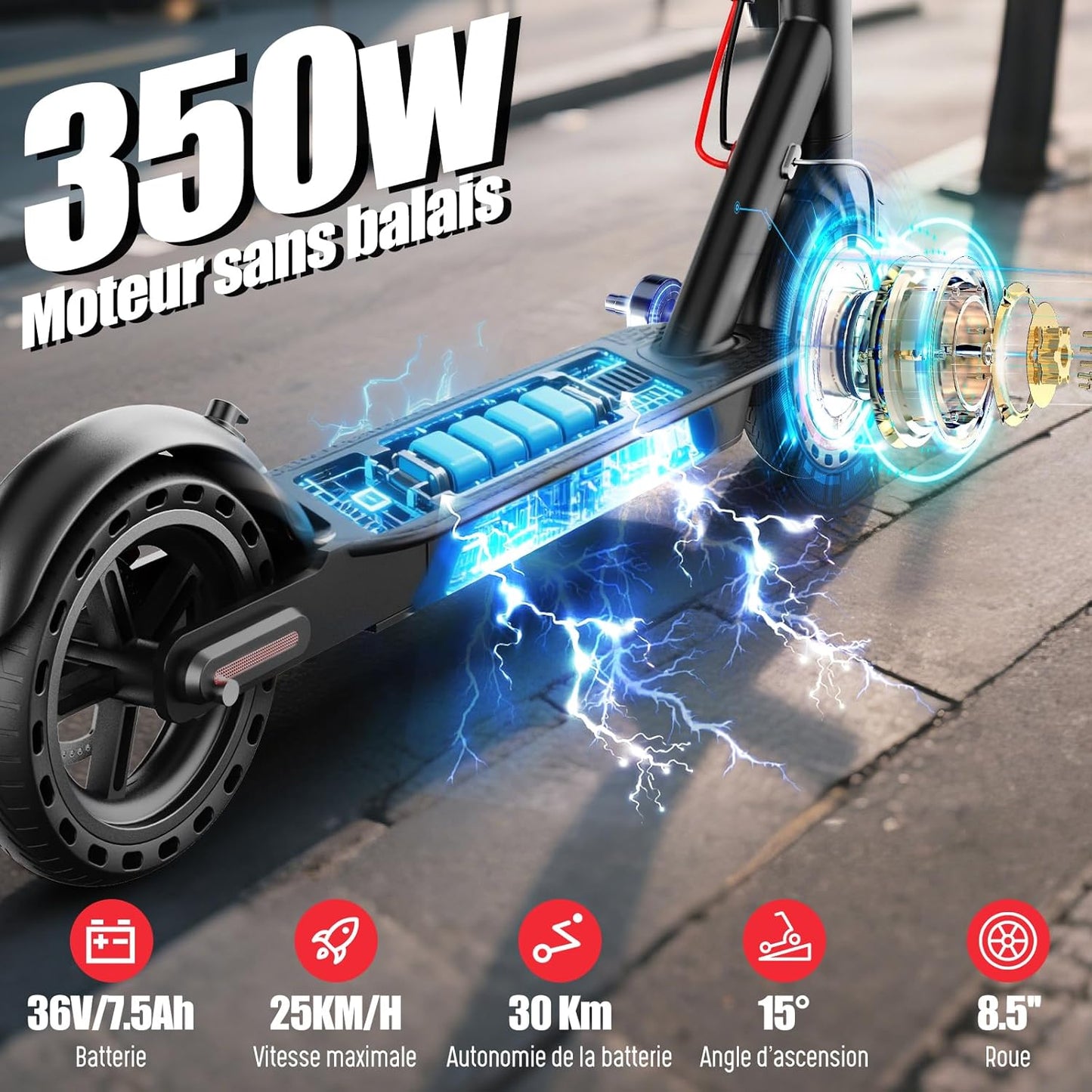 TODIMART T3 trottinette électrique 350W/35km, pneus nid d'abeille, charge 120kg
