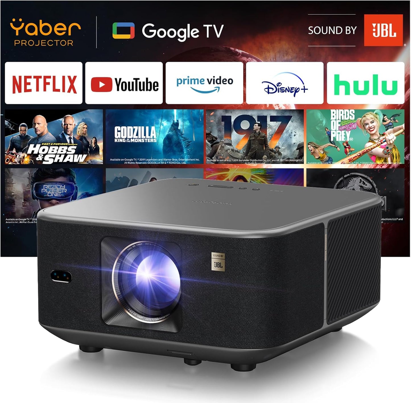 Yaber K3 vidéoprojecteur 1600ANSI, son JBL 30W, WiFi6 Bluetooth, Google TV, gris