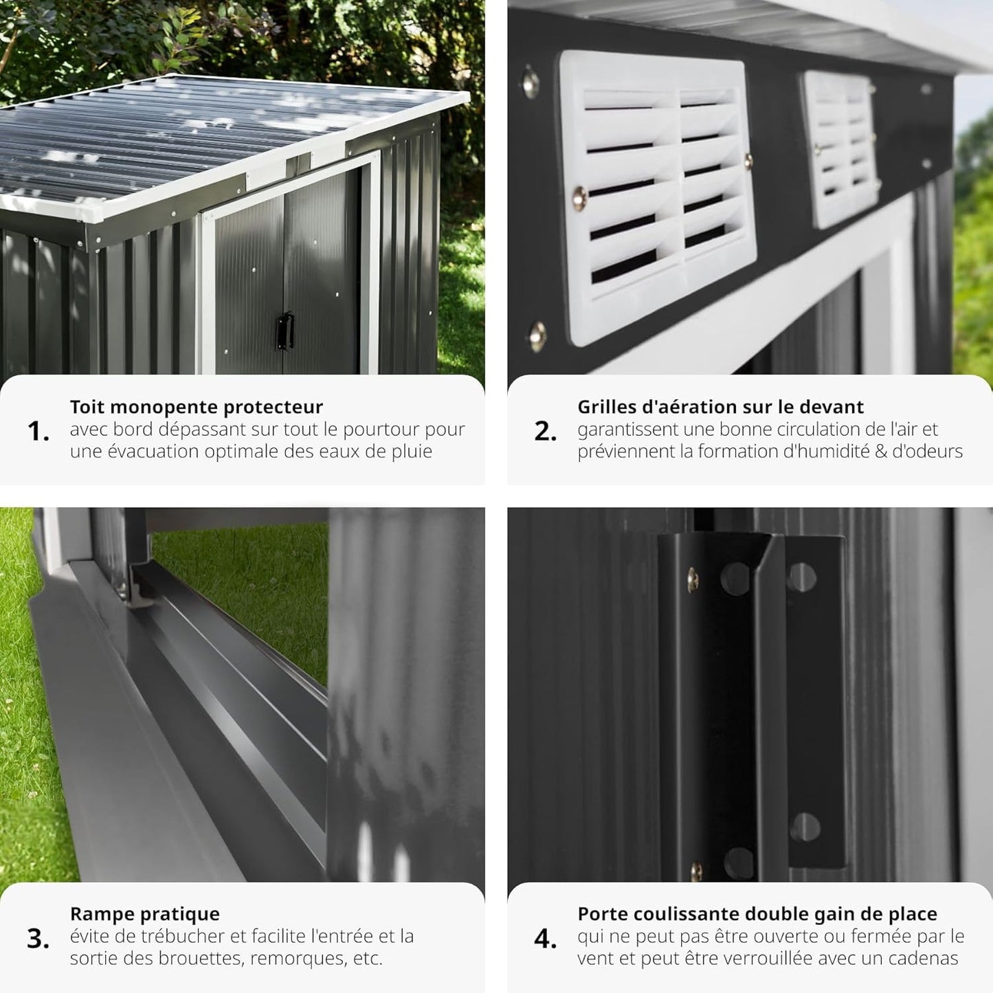 Tectake abri jardin métal 213x130x173cm monopente avec fondation, outils/moto
