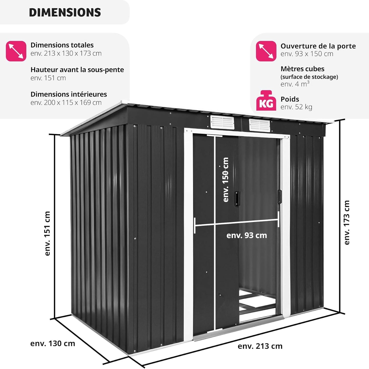Tectake abri jardin métal 213x130x173cm monopente avec fondation, outils/moto