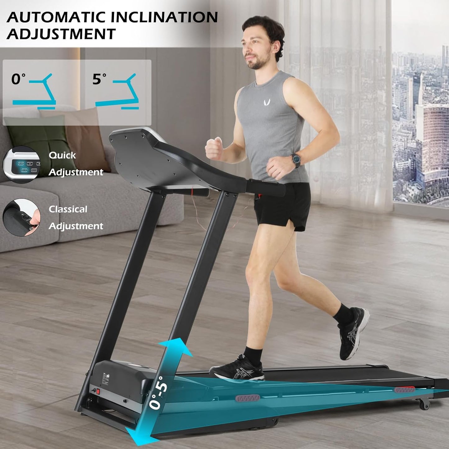 ISE tapis de course pliable 735W, LCD, 16km/h, Bluetooth, marche/course