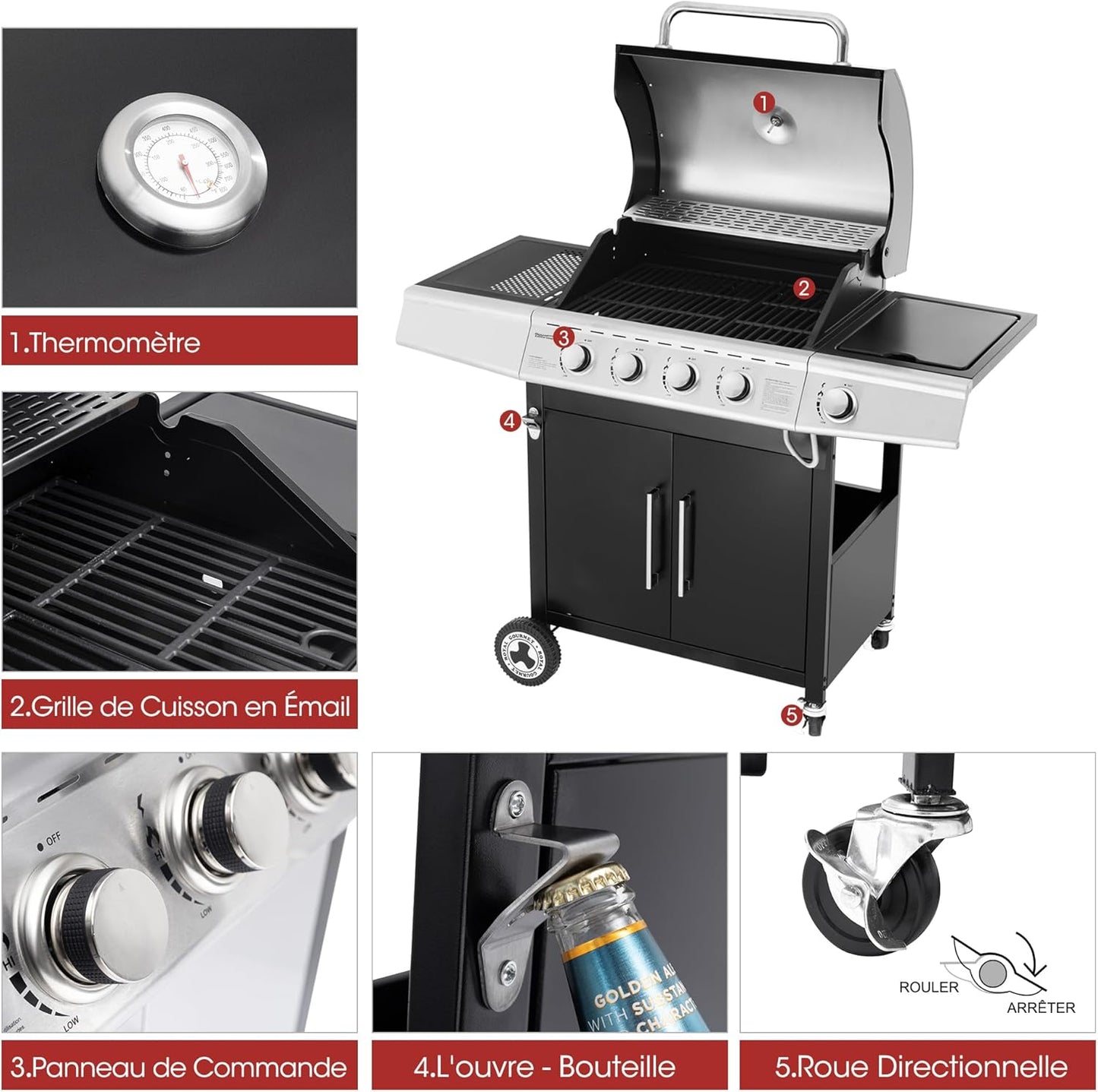 Royal Gourmet barbecue gaz 4+1 brûleurs inox, 14.5kW, jardin, roues et portes