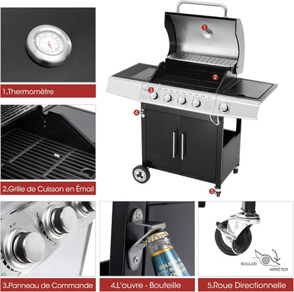 Royal Gourmet barbecue gaz 4+1 brûleurs inox, 14.5kW, jardin, roues et portes