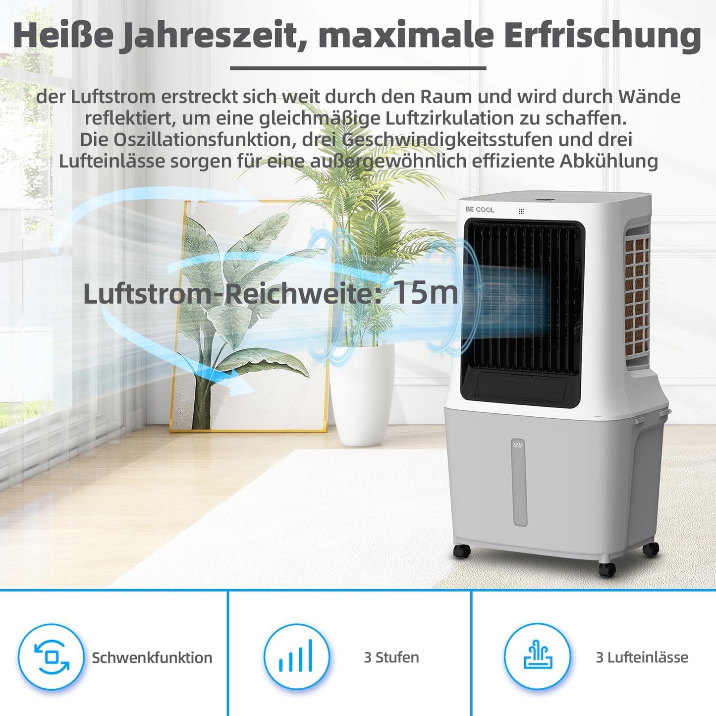 BE COOL BC30ACP2501W refroidisseur d'air 30L, WiFi, 1800m³/h, LED, télécommande