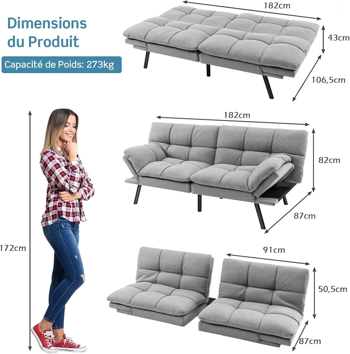 RELAX4LIFE canapé-lit convertible 5-en-1, accoudoirs/dossier réglables, métal