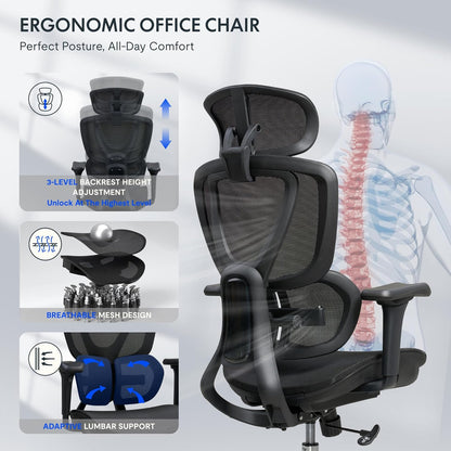 FLEXISPOT ErgoX Max chaise bureau ergonomique, lombaire, appui 3D, noir