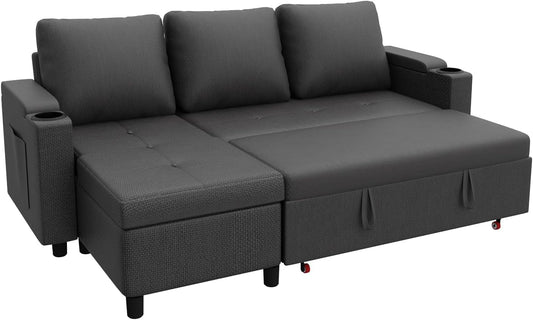 Devoko canapé angle convertible 3 places, chaise longue, rangement, anthracite