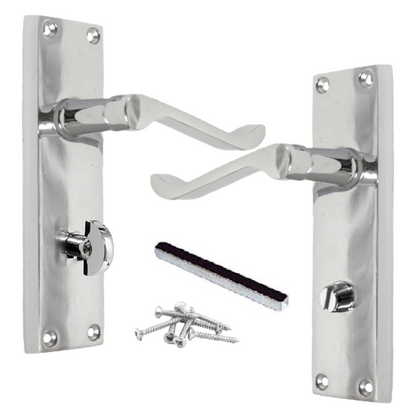 Poignées de porte de style victorien avec levier à volutes et serrure pour salle de bain - Chrome 150 x 40 mm