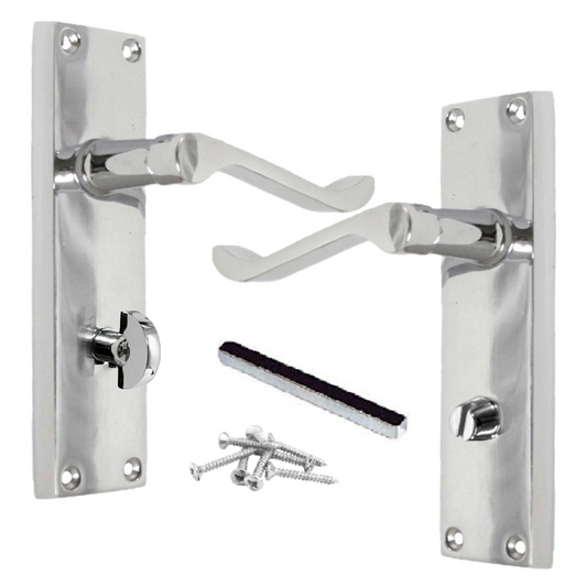 Poignées de porte de style victorien avec levier à volutes et serrure pour salle de bain - Chrome 150 x 40 mm
