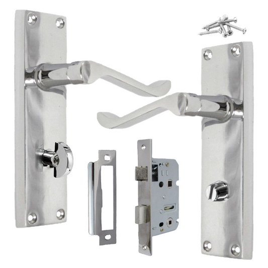 Poignées de porte de style victorien avec levier à volutes et serrure de salle de bain - Pack chromé 150 x 40 mm