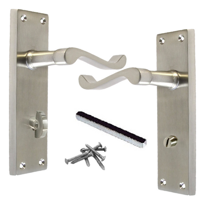Poignées de porte de style victorien avec levier à volutes et serrure de salle de bain - Satin 150 x 40 mm