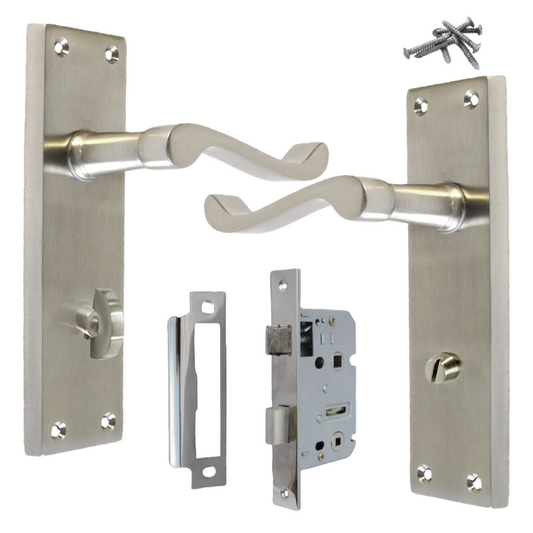 Poignées de porte victoriennes à levier et serrure de salle de bain - Pack satiné 150 x 40 mm