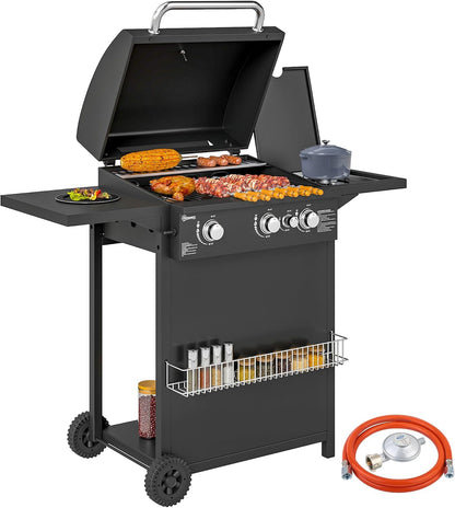 Outsunny barbecue gaz 3+1 brûleurs 9,5kW, jardin, chromé, roues, camping, noir