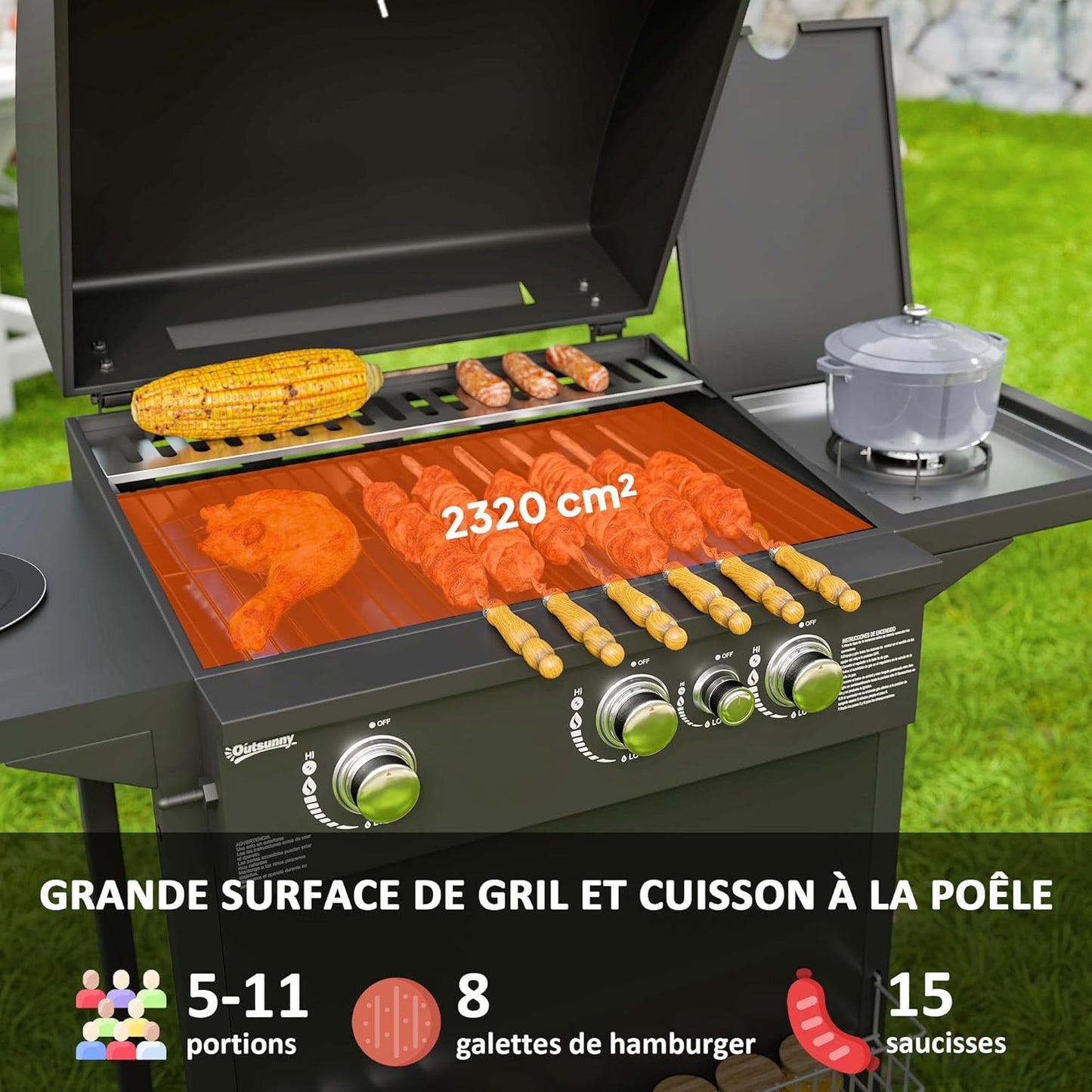 Outsunny barbecue gaz 3+1 brûleurs 9,5kW, jardin, chromé, roues, camping, noir