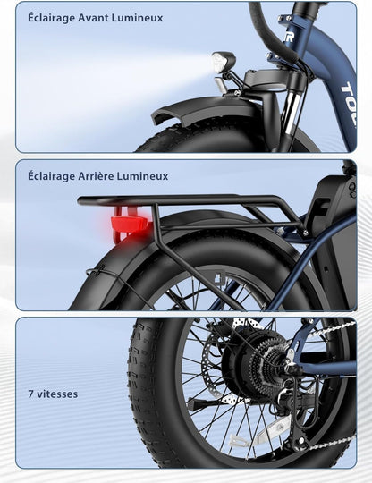 Touroll S2 vélo électrique pliable fat bike 20", 48V 15Ah, 150km, 7 vitesses