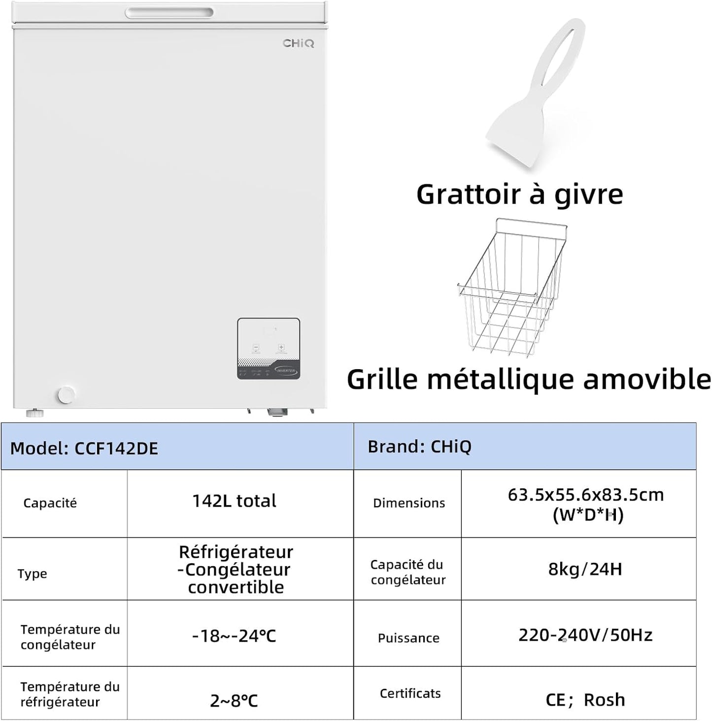 CHiQ congélateur coffre 142L, inverter, -32°C rapide, grille métal, silencieux