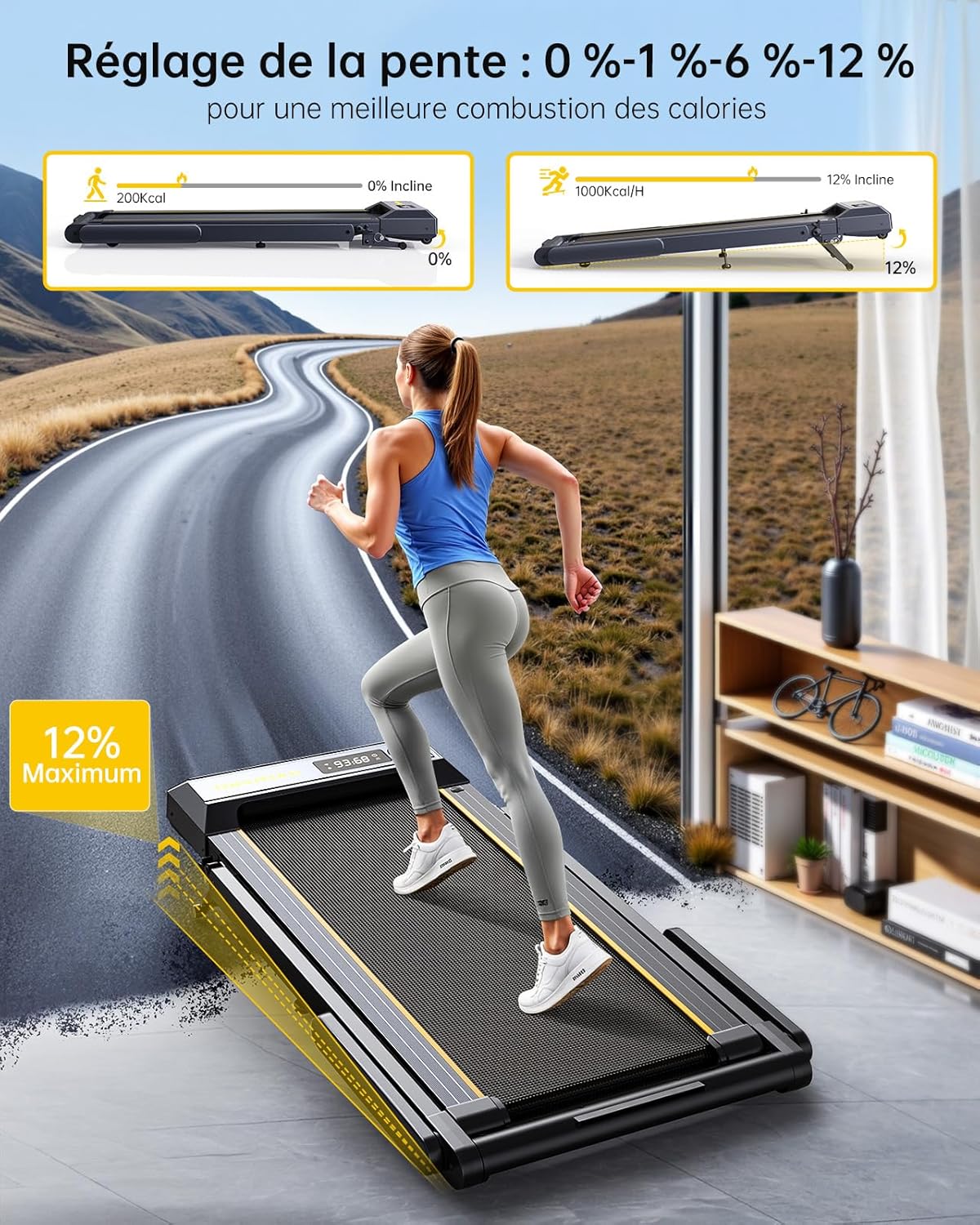Tapis de course 2.5HP, 16km/h, pente 3 niveaux, LED, bande 42cm