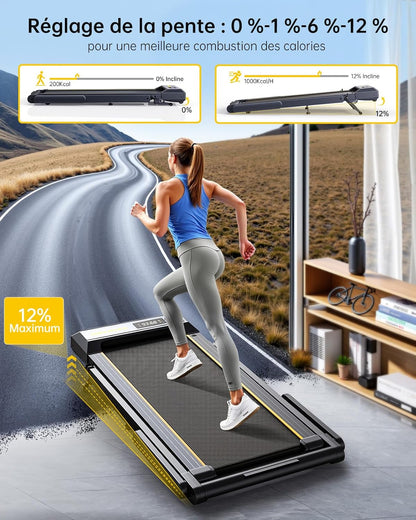 Tapis de course 2.5HP, 16km/h, pente 3 niveaux, LED, bande 42cm