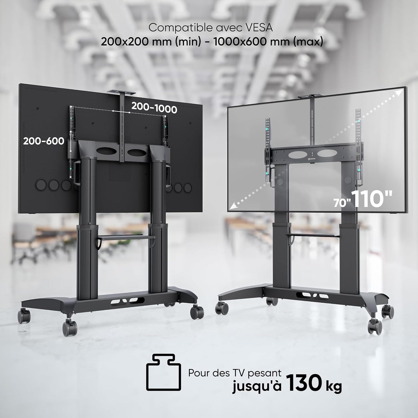 ONKRON support TV roulettes TS2821-B, écran 70–110", 130kg, étagère, VESA