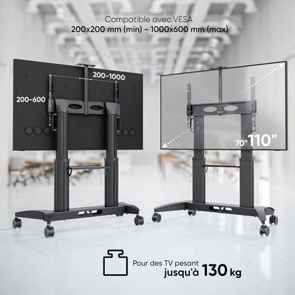 ONKRON support TV roulettes TS2821-B, écran 70–110", 130kg, étagère, VESA