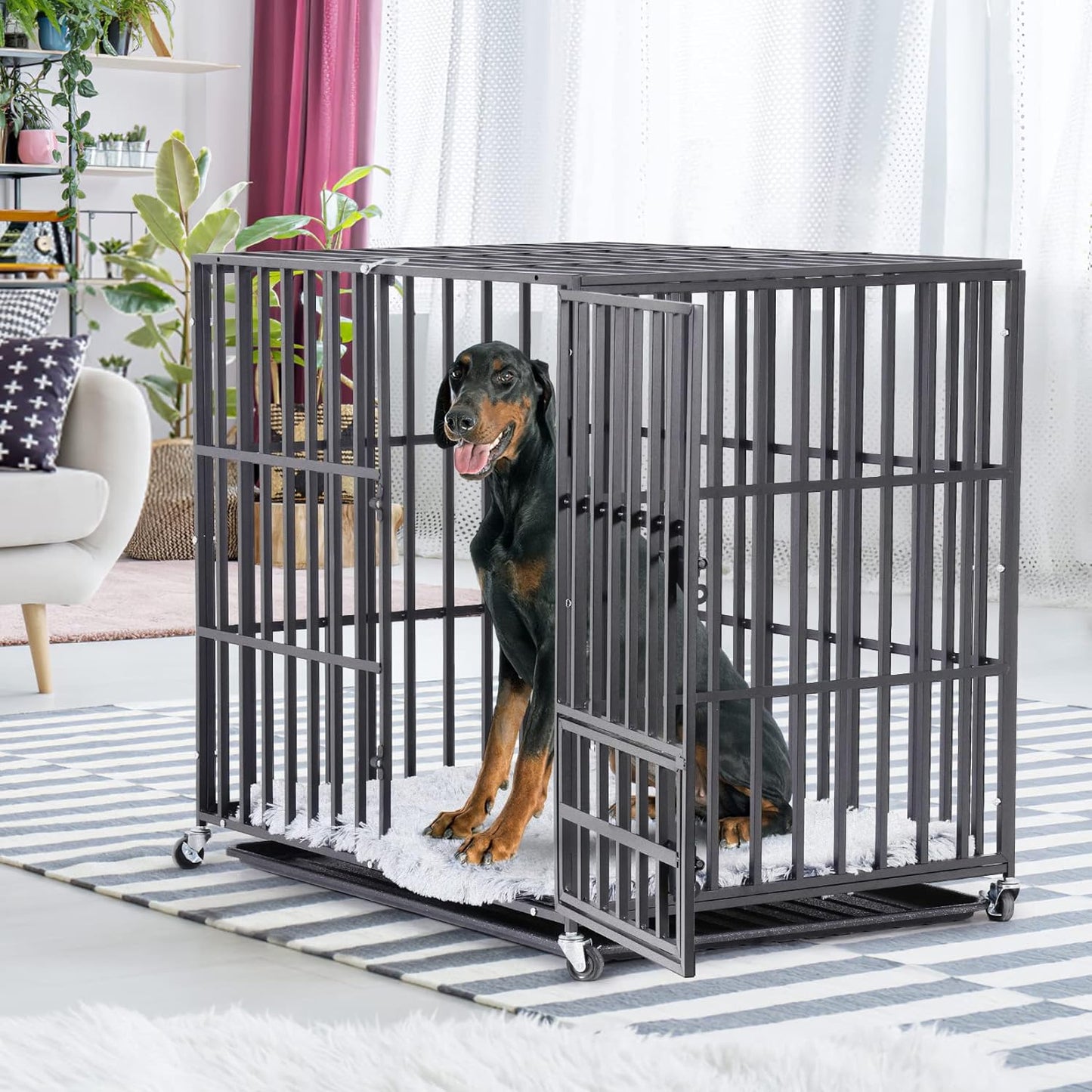 BingoPaw cage chien XXL 117x96x84cm métal avec roulettes, 3 portes, plateau amovible