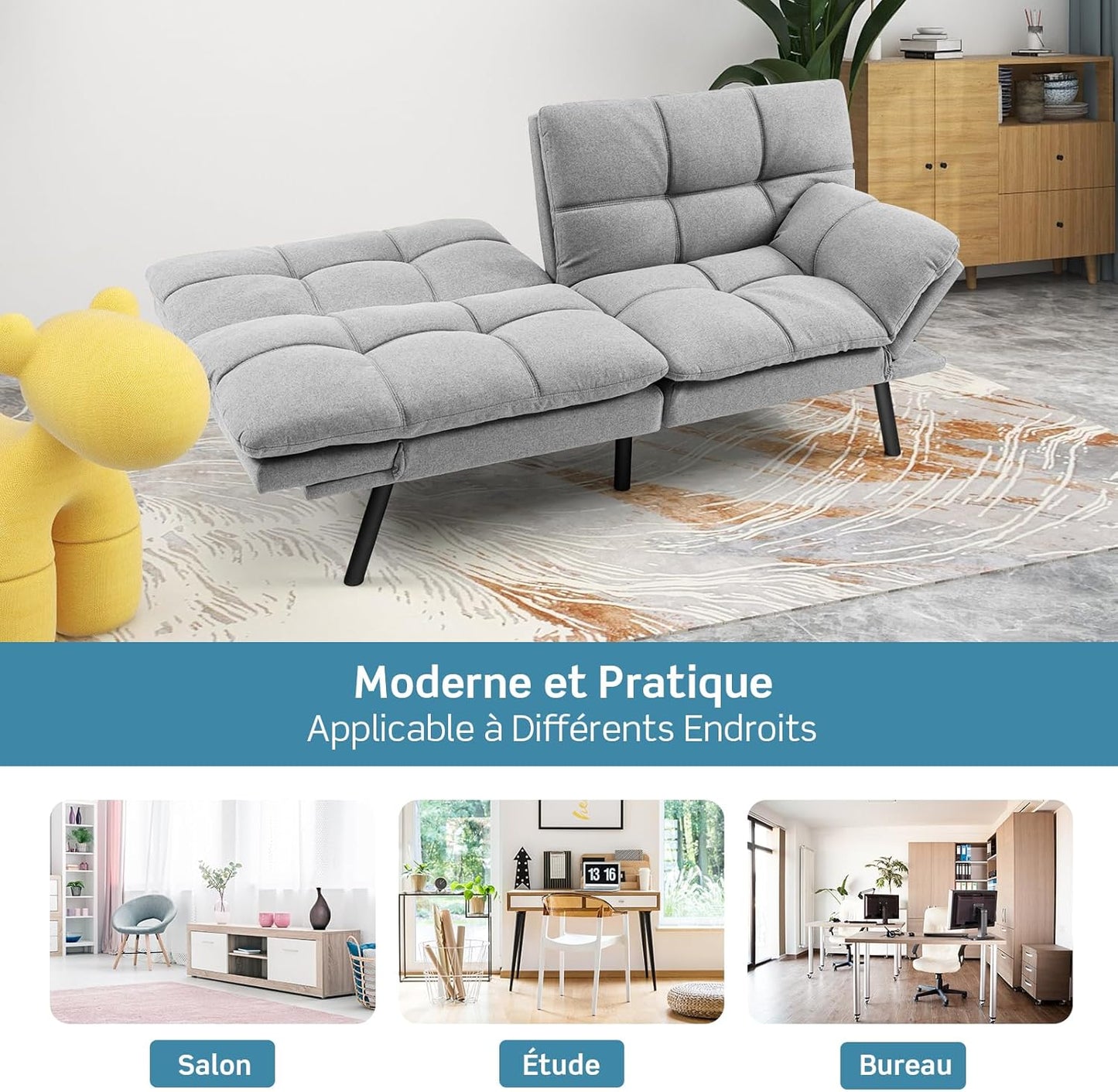RELAX4LIFE canapé-lit convertible 5-en-1, accoudoirs/dossier réglables, métal