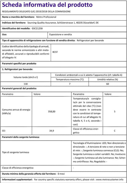 METRO réfrigérateur boissons GSC2125B 118L, métal/verre, avec serrure, noir