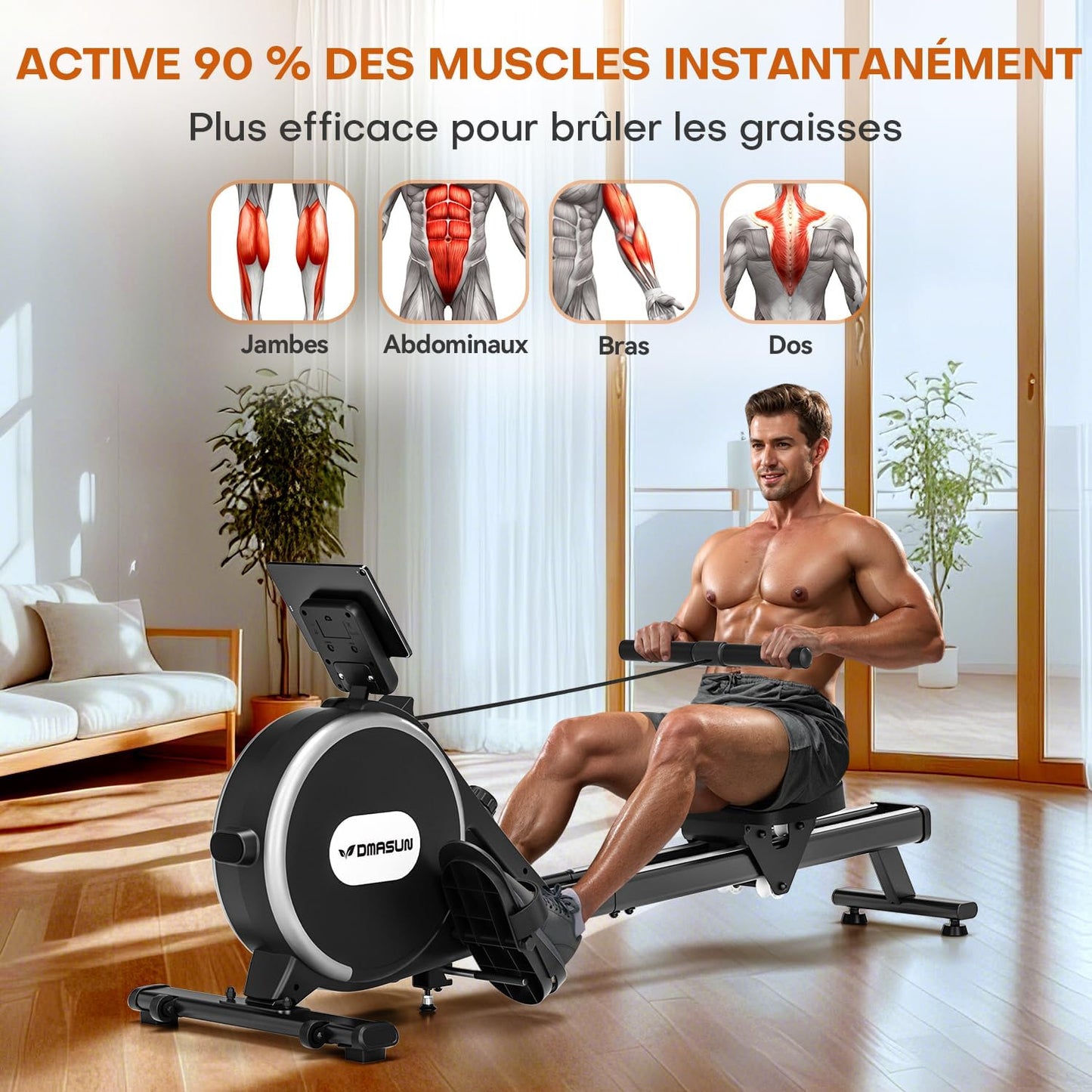 DMASUN rameur magnétique, 16 niveaux, double rail, silencieux, app, max 160kg