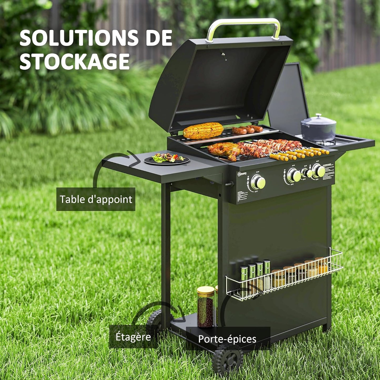 Outsunny barbecue gaz 3+1 brûleurs 9,5kW, jardin, chromé, roues, camping, noir
