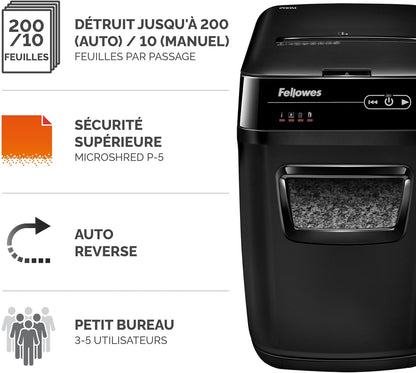 Fellowes destructeur Automax 200M, coupe croisée 200 feuilles, pro/domestique