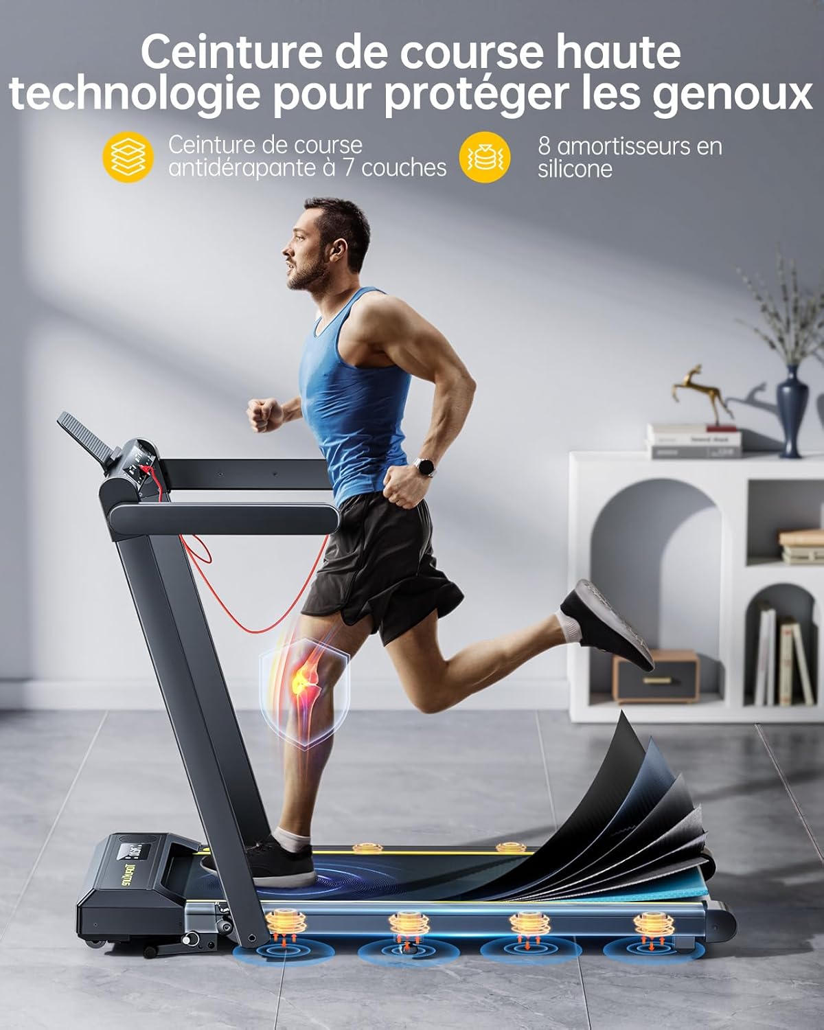 Tapis de course 2.5HP, 16km/h, pente 3 niveaux, LED, bande 42cm